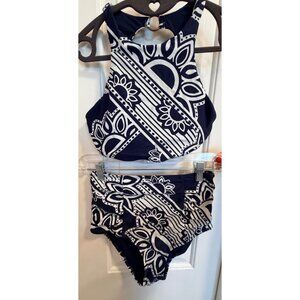Aerie High Waisted Bikini Set Navy White Cutout Ring Top Size M